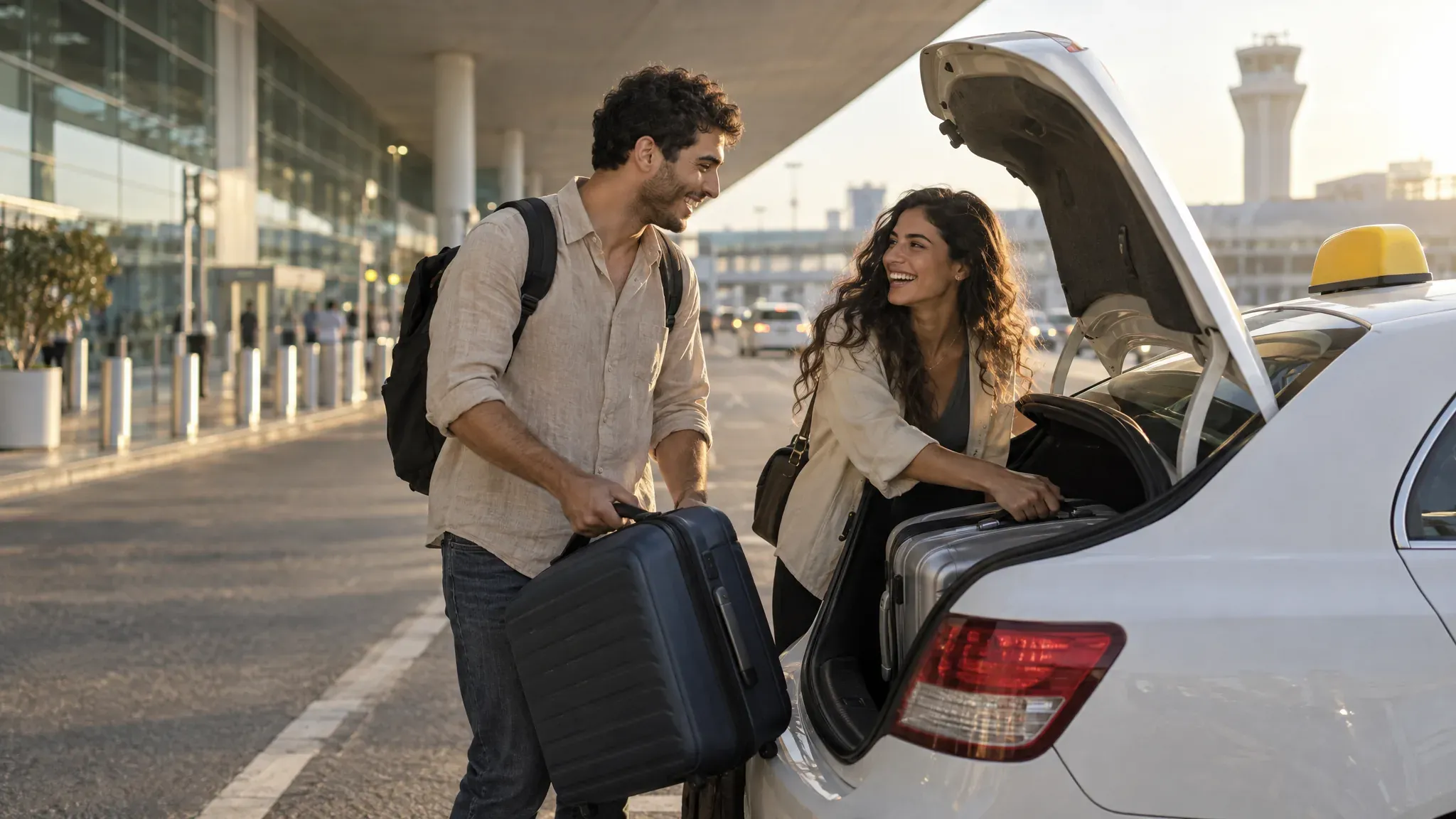 2 friends laughing while they load carry-on suitcases into the trunk of a white taxi at an airport departures curb in early morning light