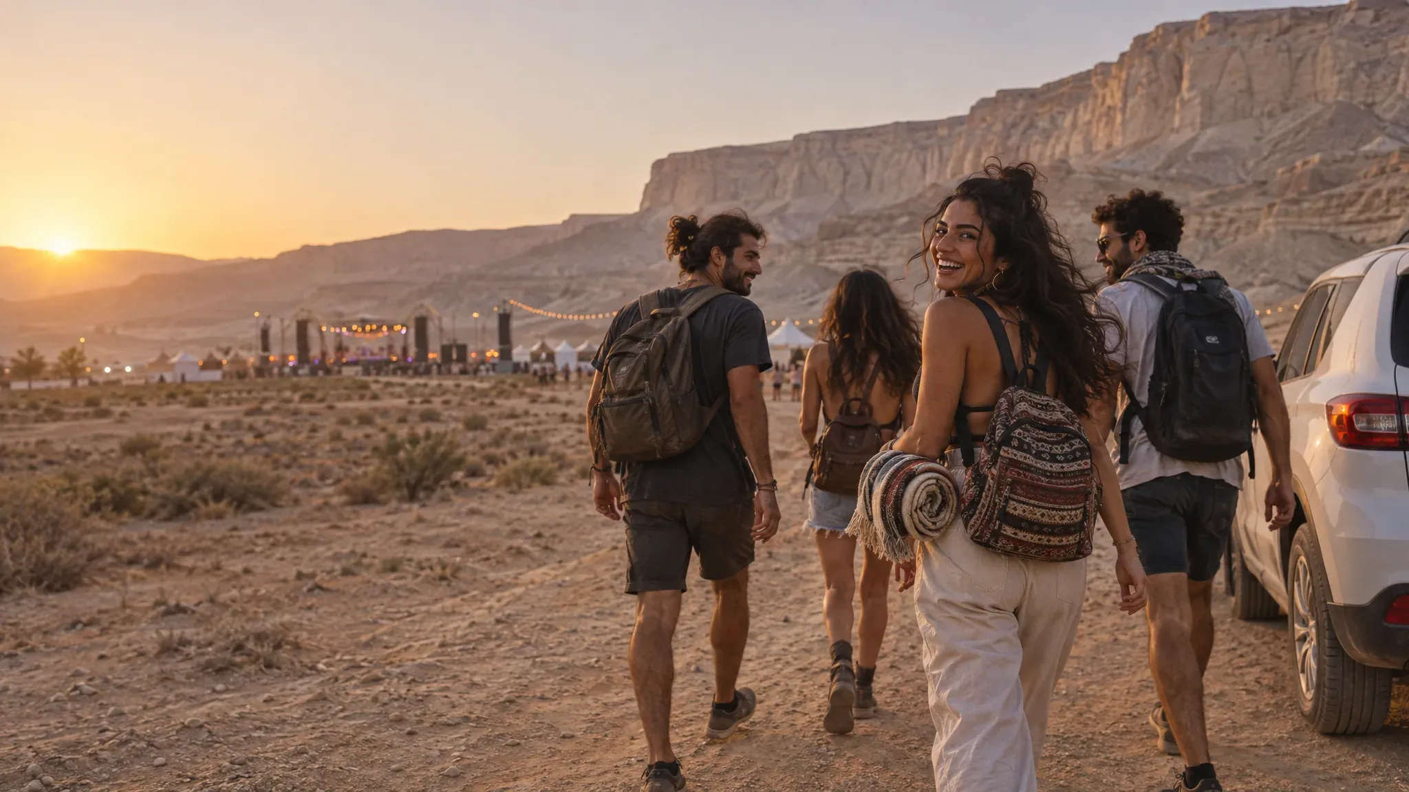 4 friends with backpacks walking from a parked car toward a desert music festival at dusk