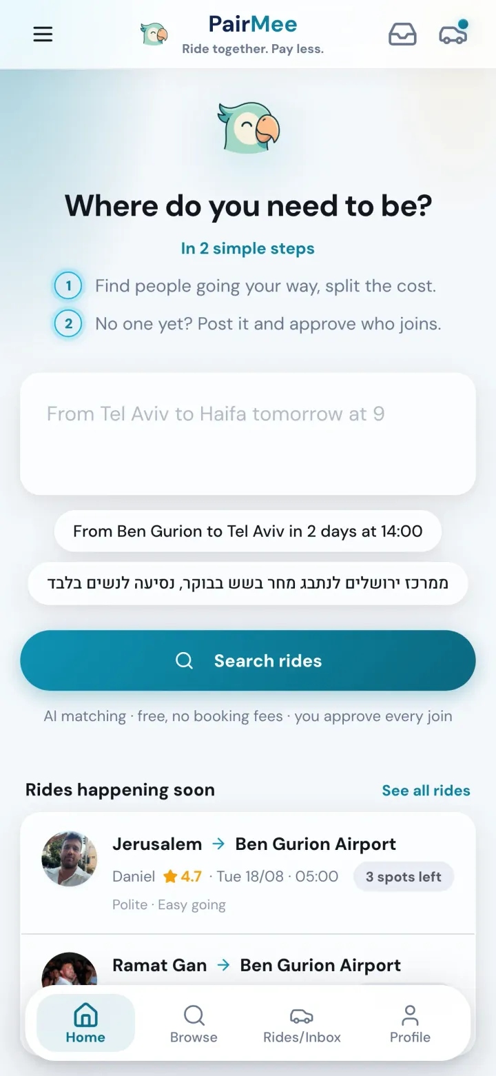 The PairMee app home: one box where you write your trip in one sentence, with rides happening soon listed underneath